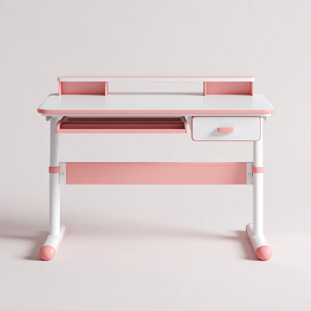 Bureau enfant-MDF-acier-110x60x74 cm-blanc-rose-design ergonomique ajustable-Dengetio