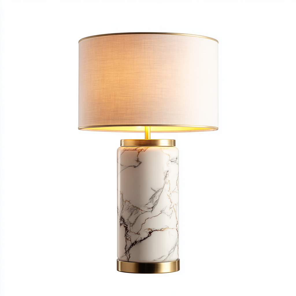 Lampe de table - marbre-métal-tissu - 32x32x58 cm - blanc-or - style moderne-Dengetio