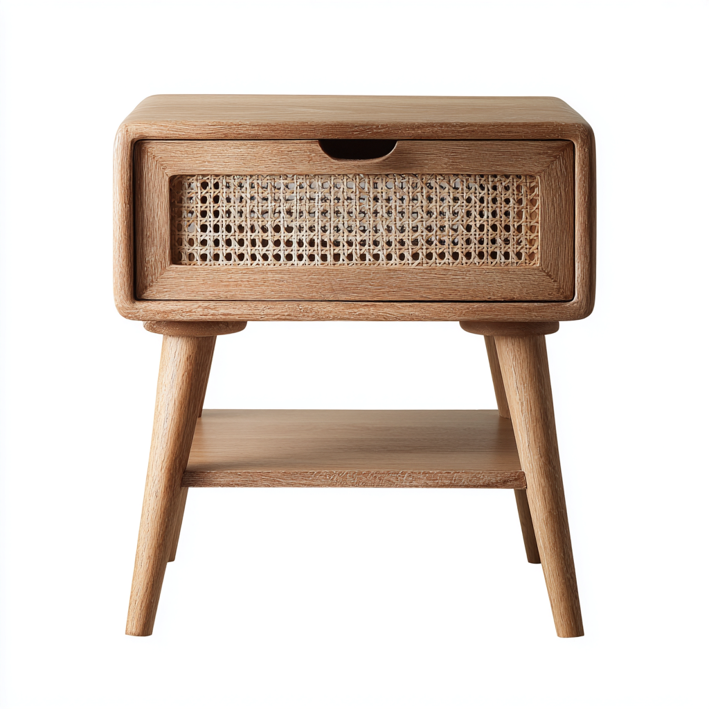 Table de chevet-bois massif-rotin-42x34x55cm-chene clair-style naturel scandinave-Dengetio
