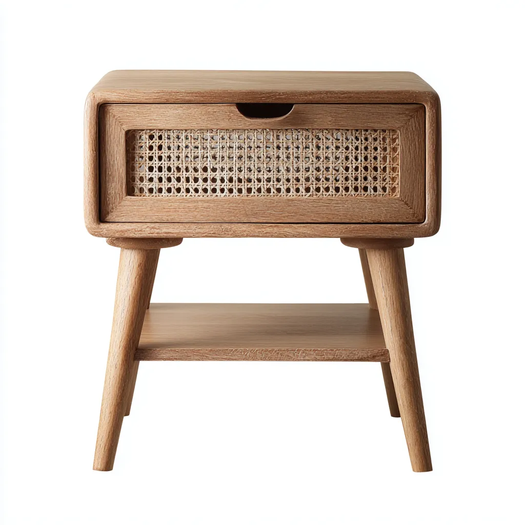 Table de chevet-bois massif-rotin-42x34x55cm-chene clair-style naturel scandinave-Dengetio