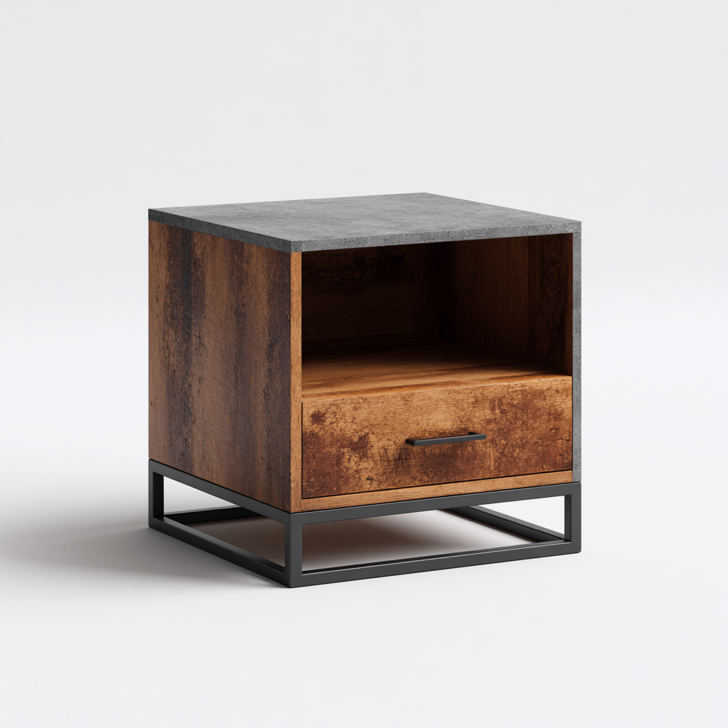 Table de chevet-bois massif-metal-beton-43x37x48cm-brun industriel-gris-style industriel-Dengetio