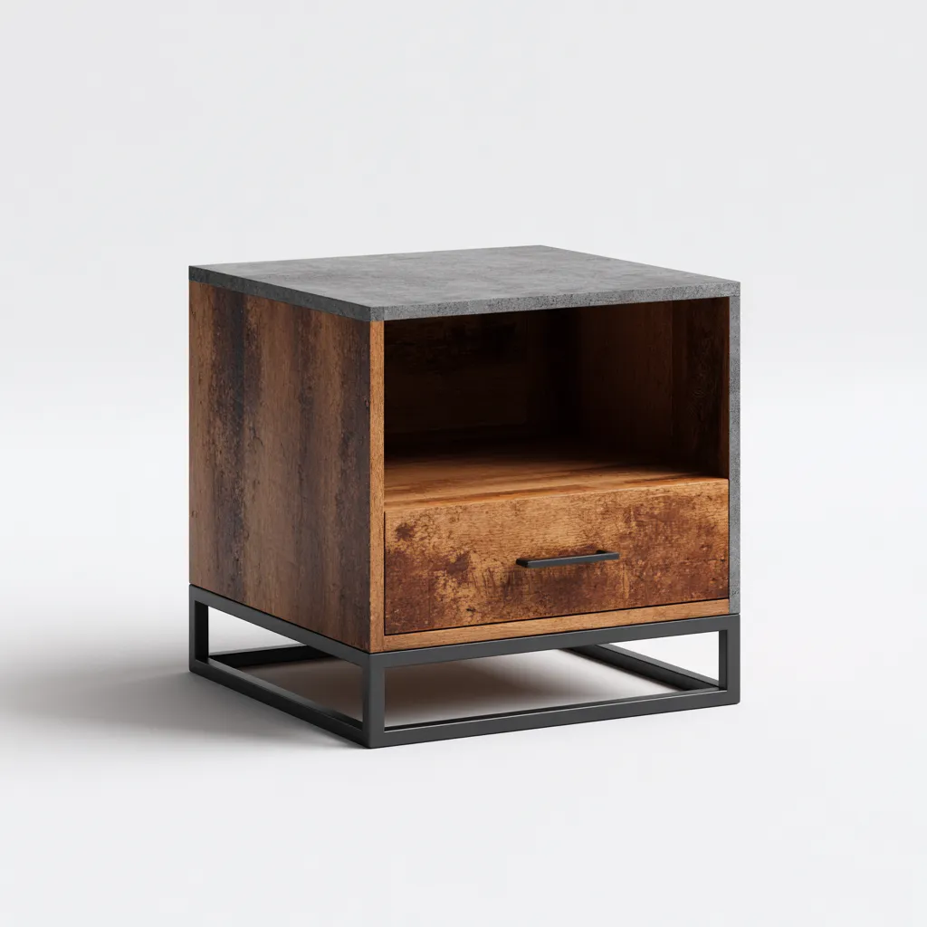 Table de chevet-bois massif-metal-beton-43x37x48cm-brun industriel-gris-style industriel-Dengetio