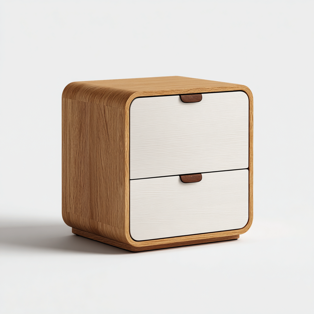 Table de chevet-bois massif-MDF-40x35x45cm-chene naturel-blanc-style contemporain-Dengetio