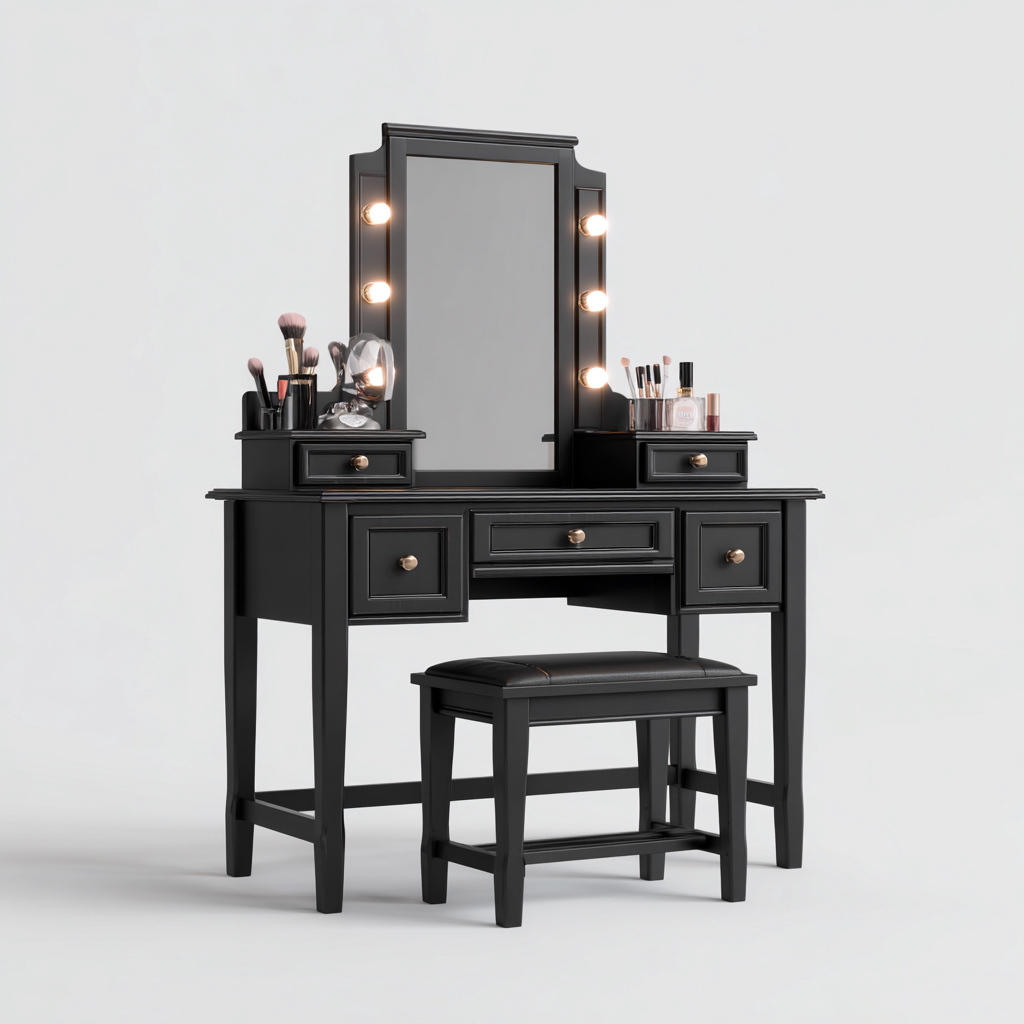 Coiffeuse-MDF-metal-verre-98x44x140 cm-noir-style vintage-Dengetio