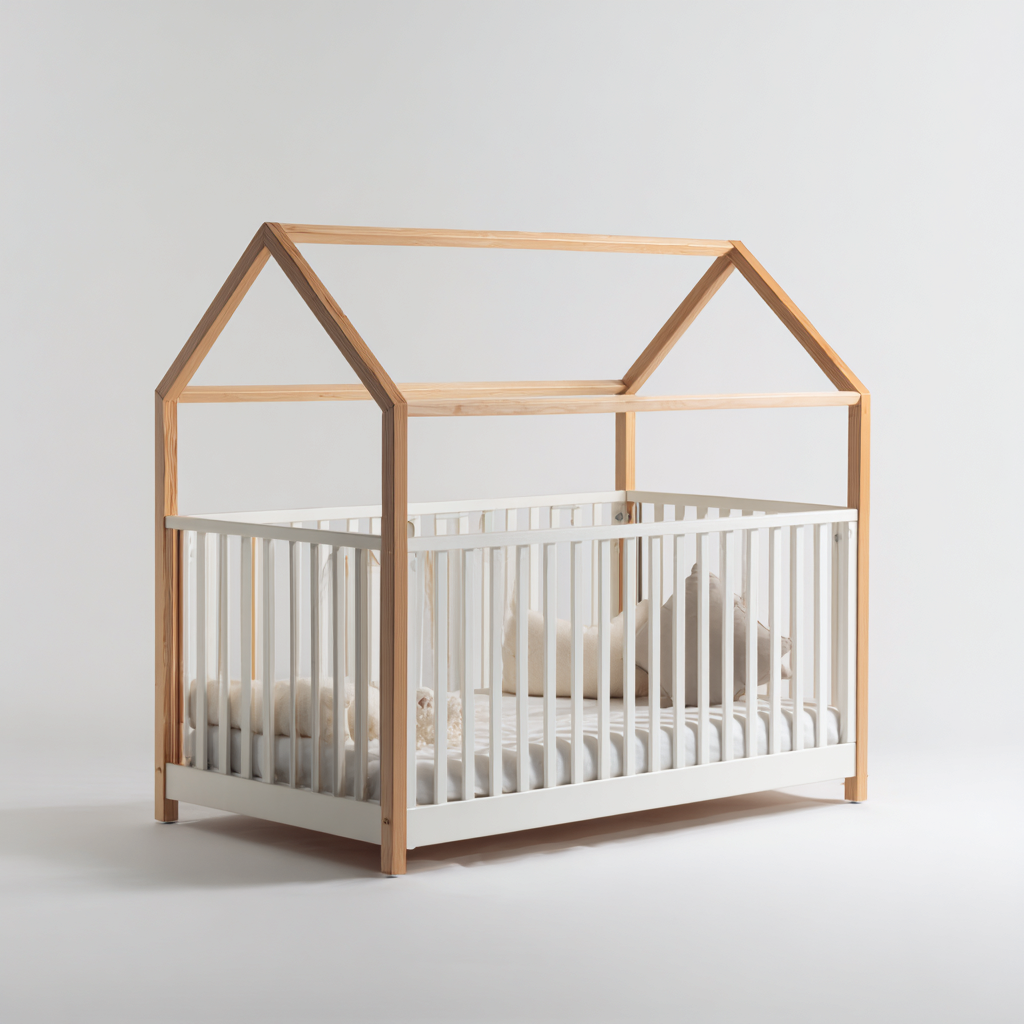 Lit bébé-bois massif-132x70x158 cm-blanc et bois clair-structure cabane ouverte-Dengetio