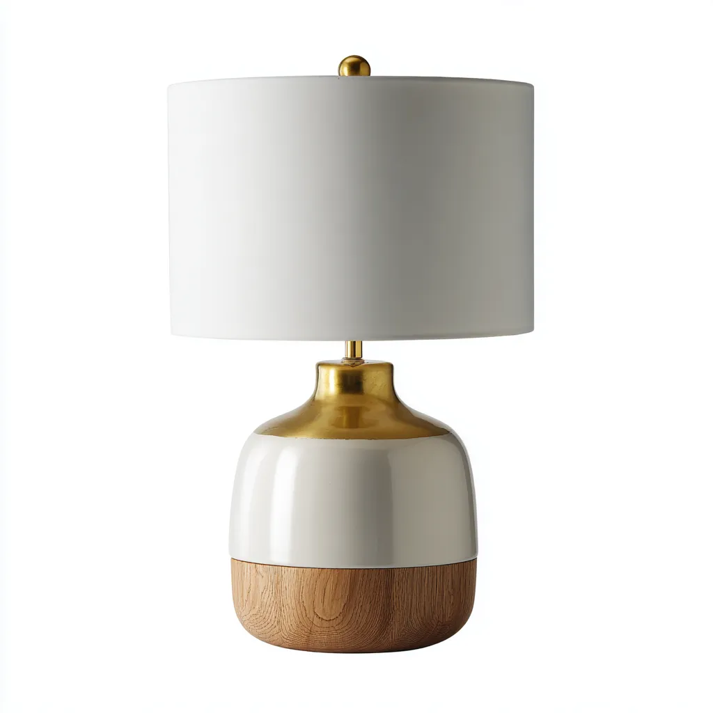 Lampe de table - métal-bois-tissu - 31x31x56 cm - blanc-or-bois - style moderne-Dengetio