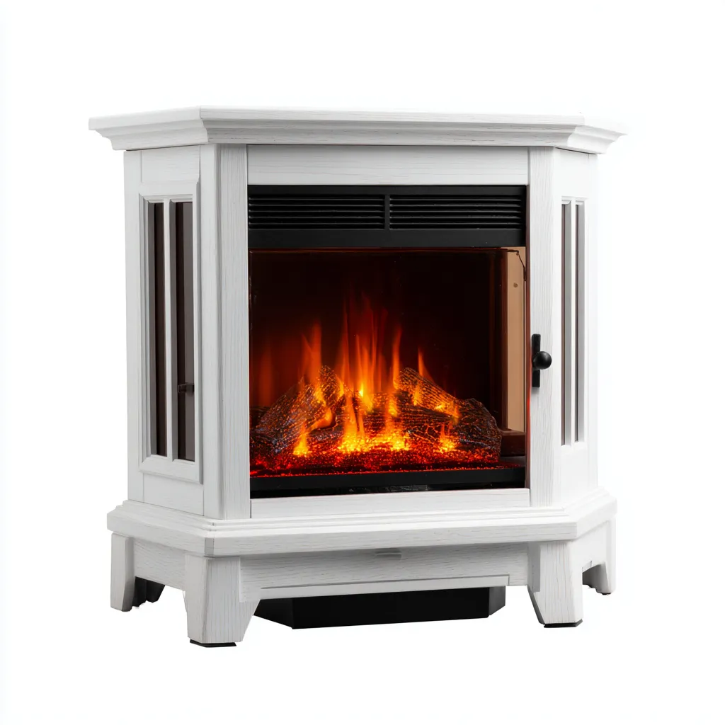 Cheminée électrique d angle sur pied-metal-verre-bois-76x45x82 cm-blanc-style classique-Dengetio