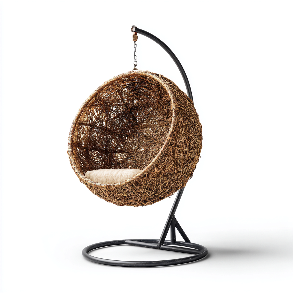 Poltrona sospesa da giardino in fibra intrecciata con struttura in metallo 95x95x195 cm - marrone-nero - design naturale per esterni-Cozymyyard