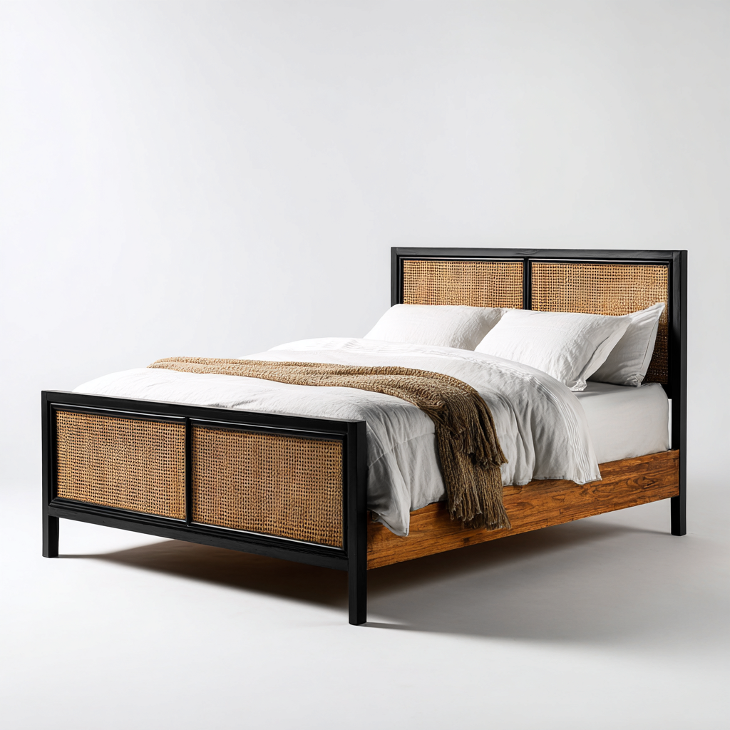 Letto matrimoniale legno rattan 200x160x110 cm - nero-naturale - design moderno-Cozymyyard