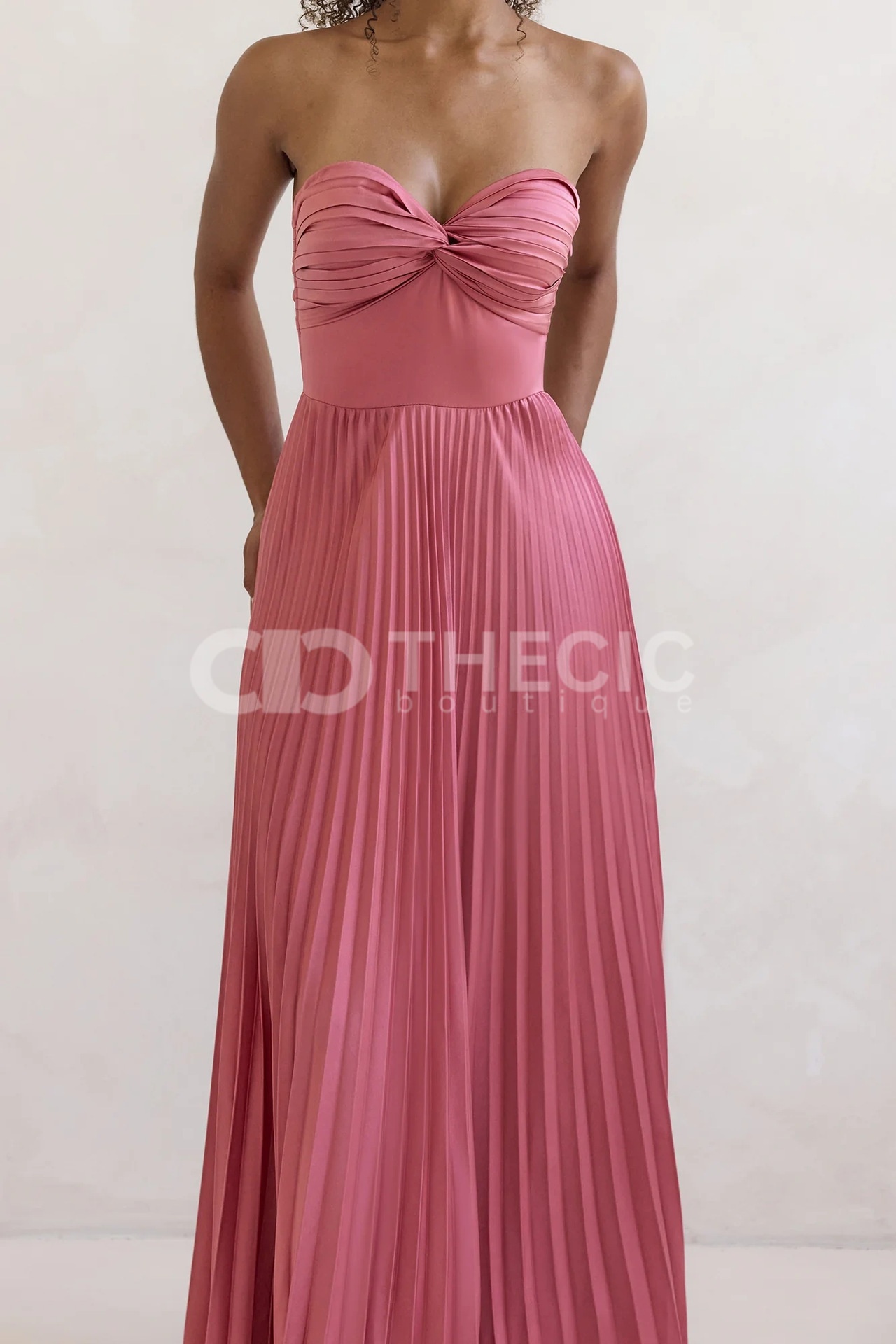 Shimmering Hydrangea strapless pleated maxi dress