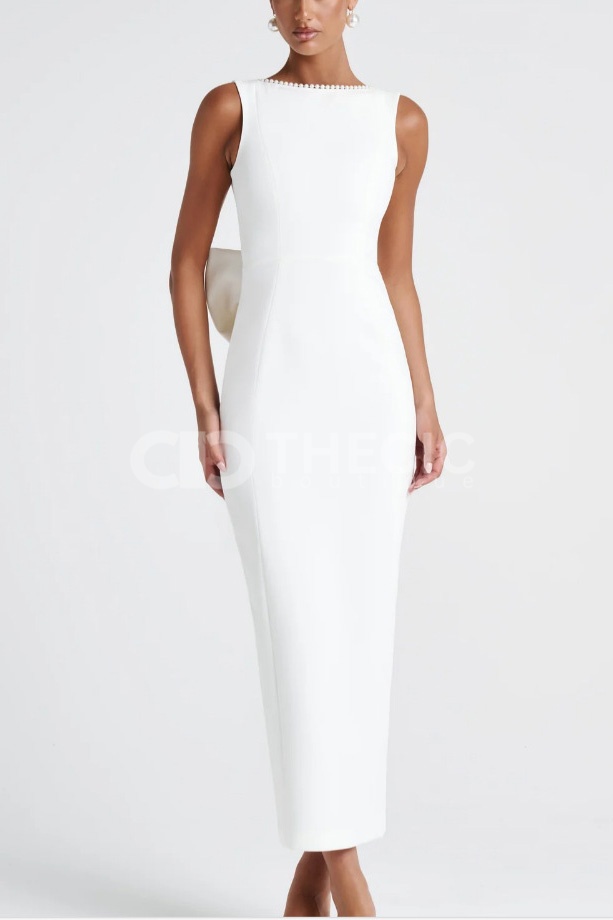 Sleeveless Backless Pearl Bow Accent Maxi Dress