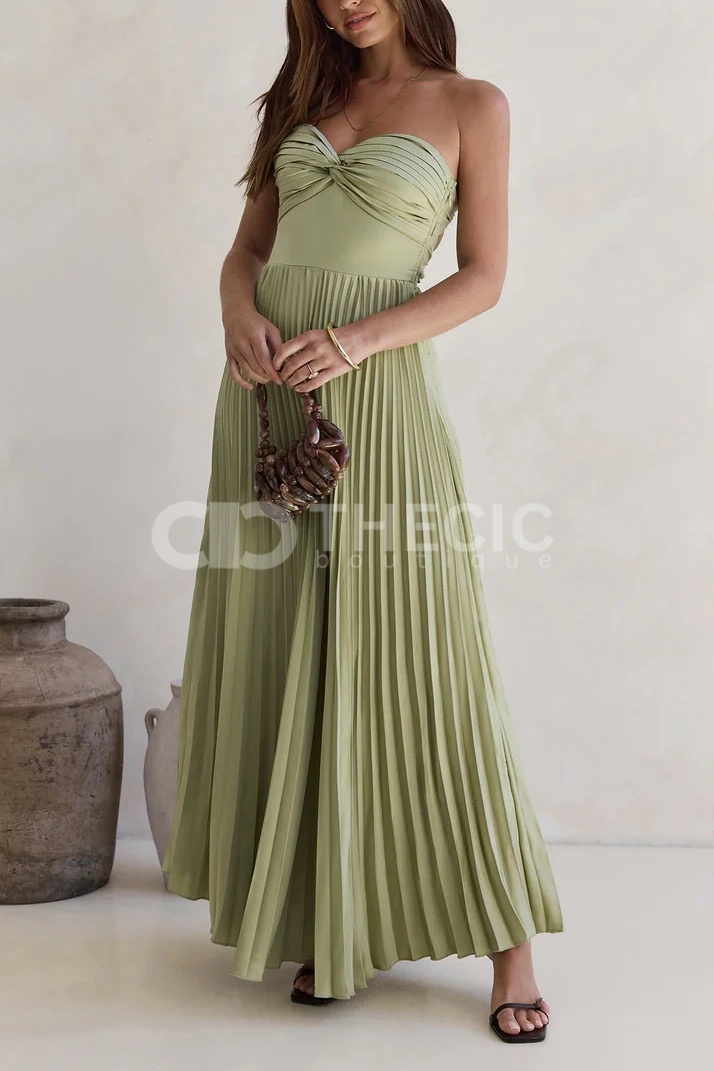 Shimmering Hydrangea strapless pleated maxi dress