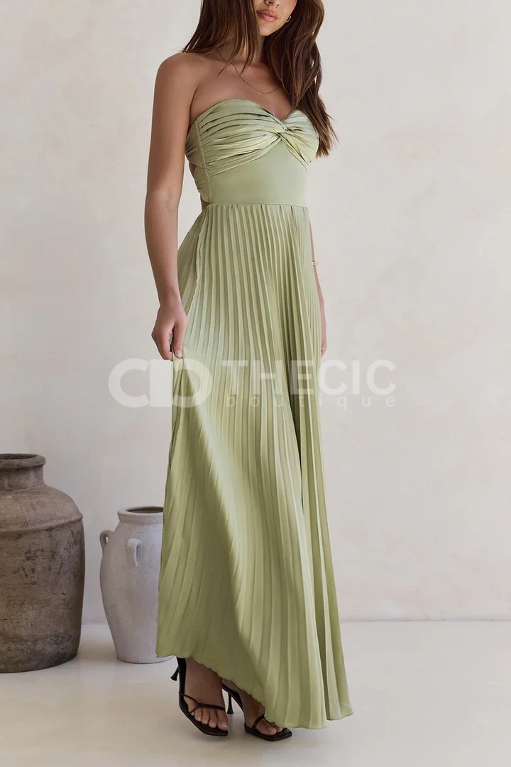 Shimmering Hydrangea strapless pleated maxi dress