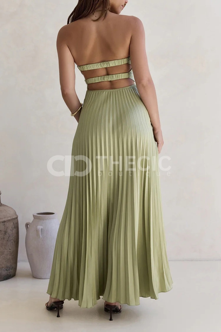 Shimmering Hydrangea strapless pleated maxi dress