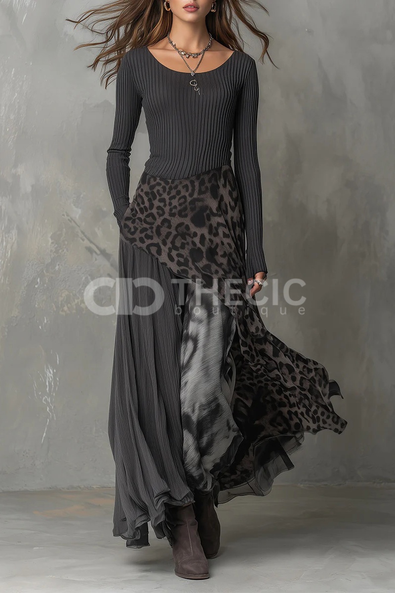 Round neck long sleeves leopard print chiffon hem maxi dress
