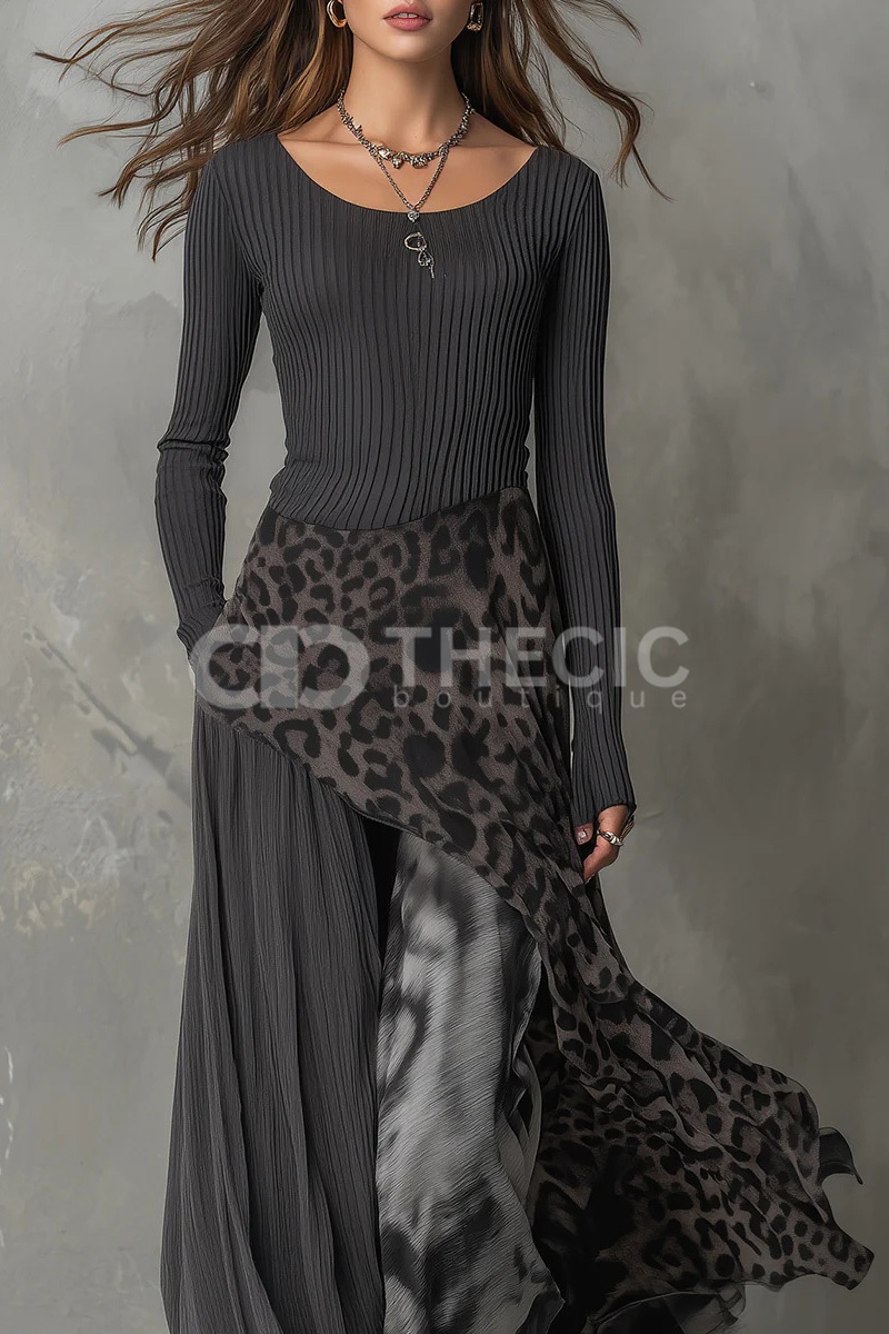 Round neck long sleeves leopard print chiffon hem maxi dress