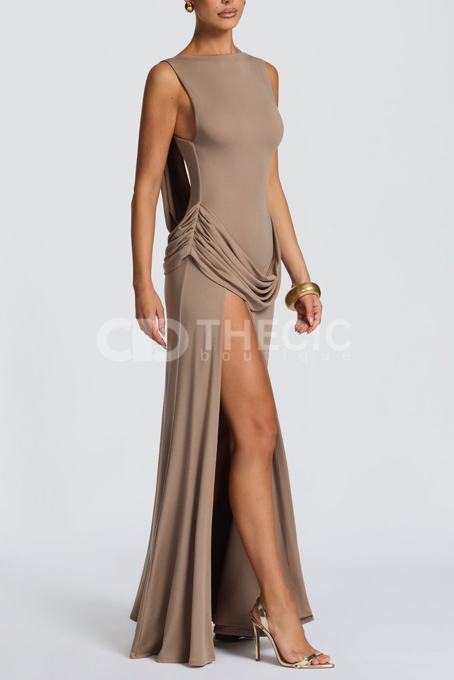 Calla Lily backless draped slit maxi dress
