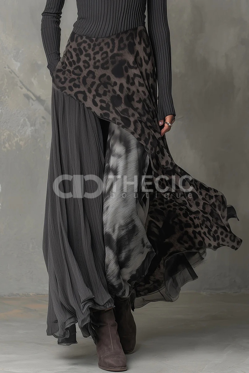 Round neck long sleeves leopard print chiffon hem maxi dress