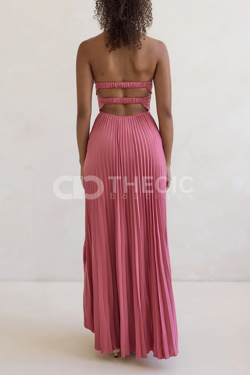 Shimmering Hydrangea strapless pleated maxi dress