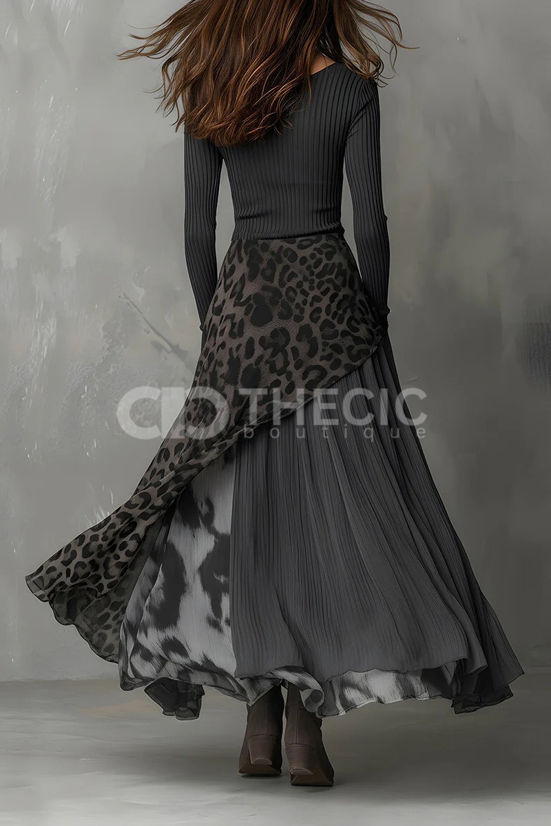 Round neck long sleeves leopard print chiffon hem maxi dress