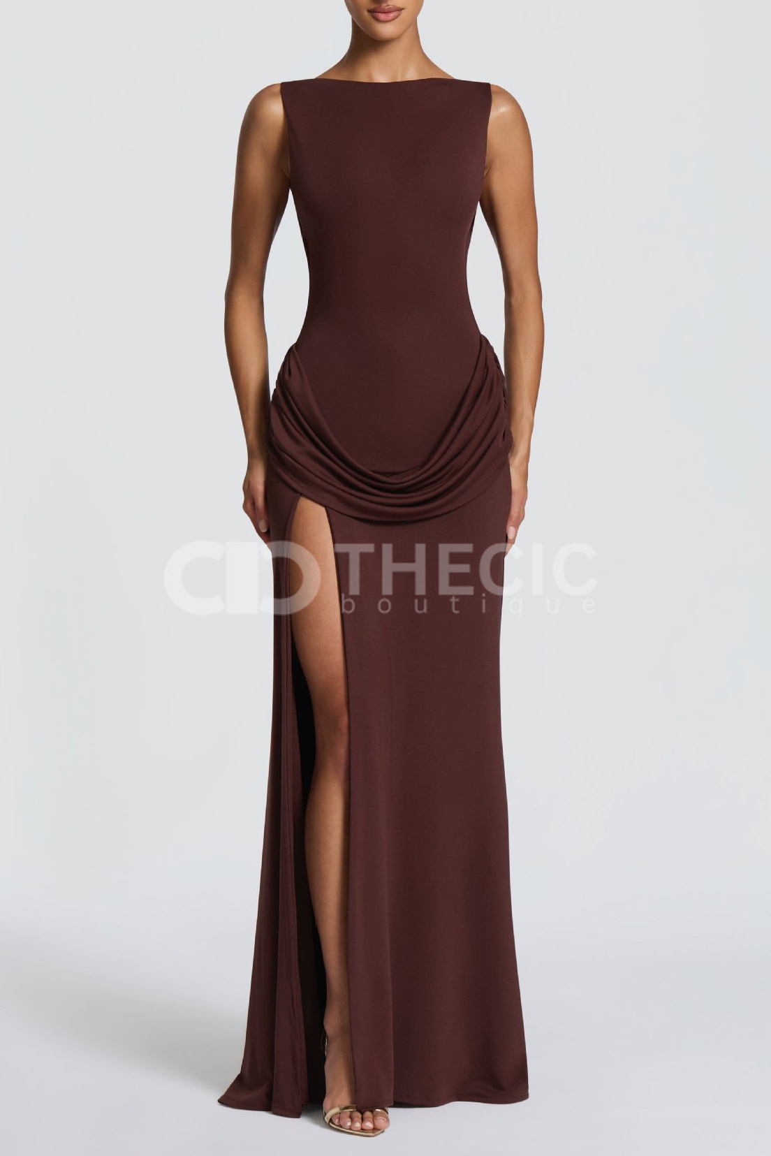 Calla Lily backless draped slit maxi dress