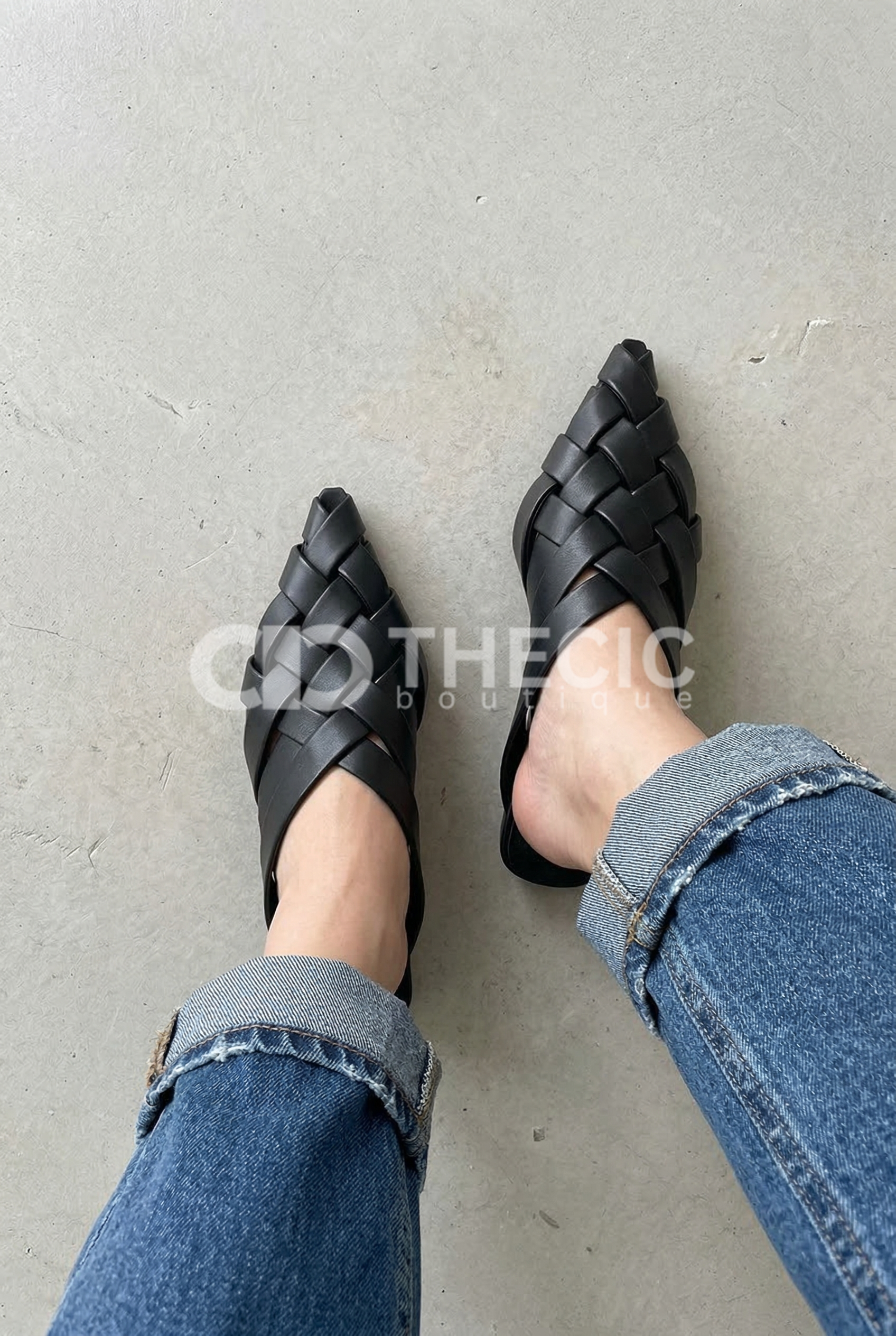 Woven Leather Pointed-Toe Slip-On Mules