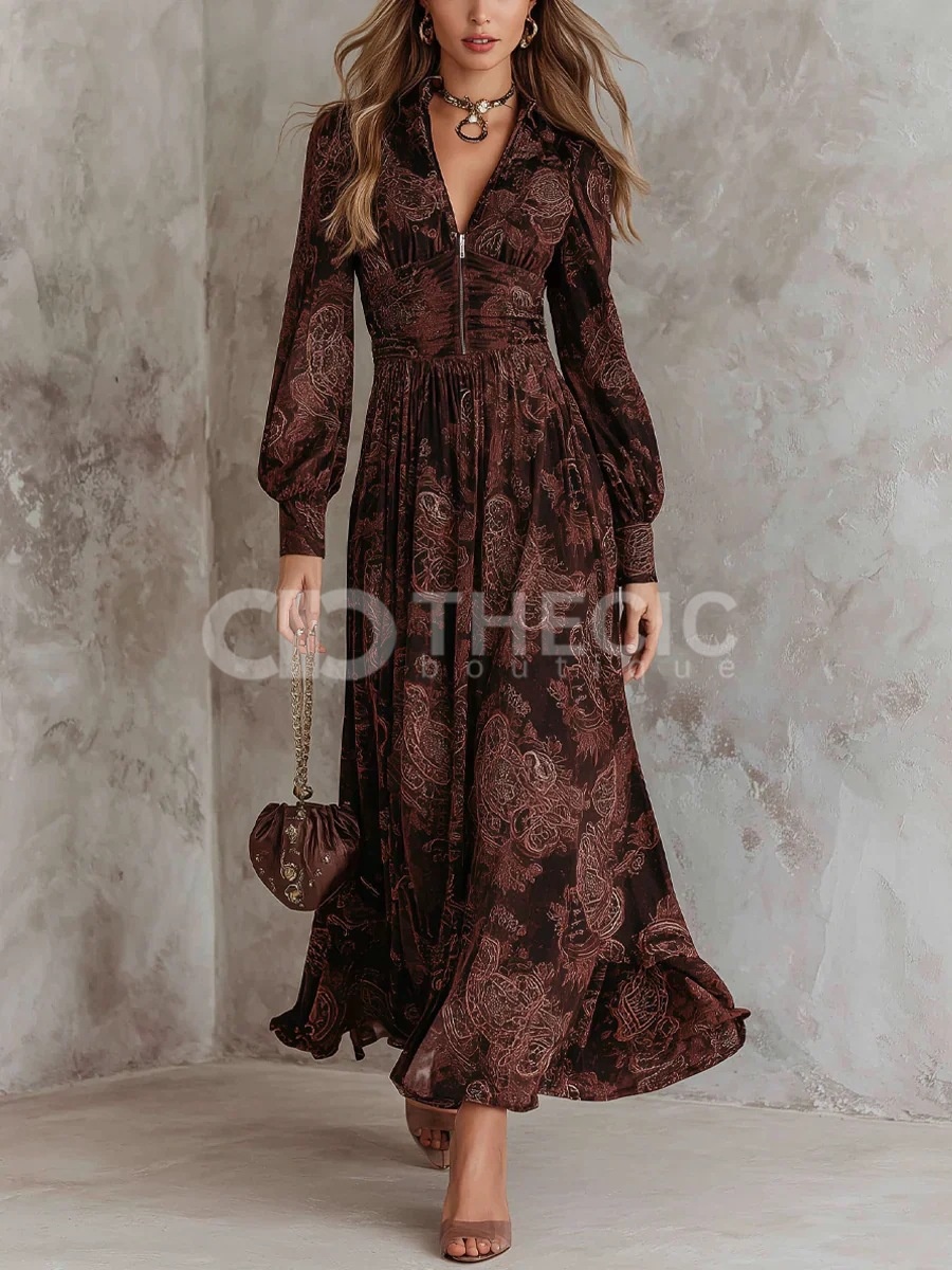 Paisley Print V-Neck Zipper Gathered Maxi Dress