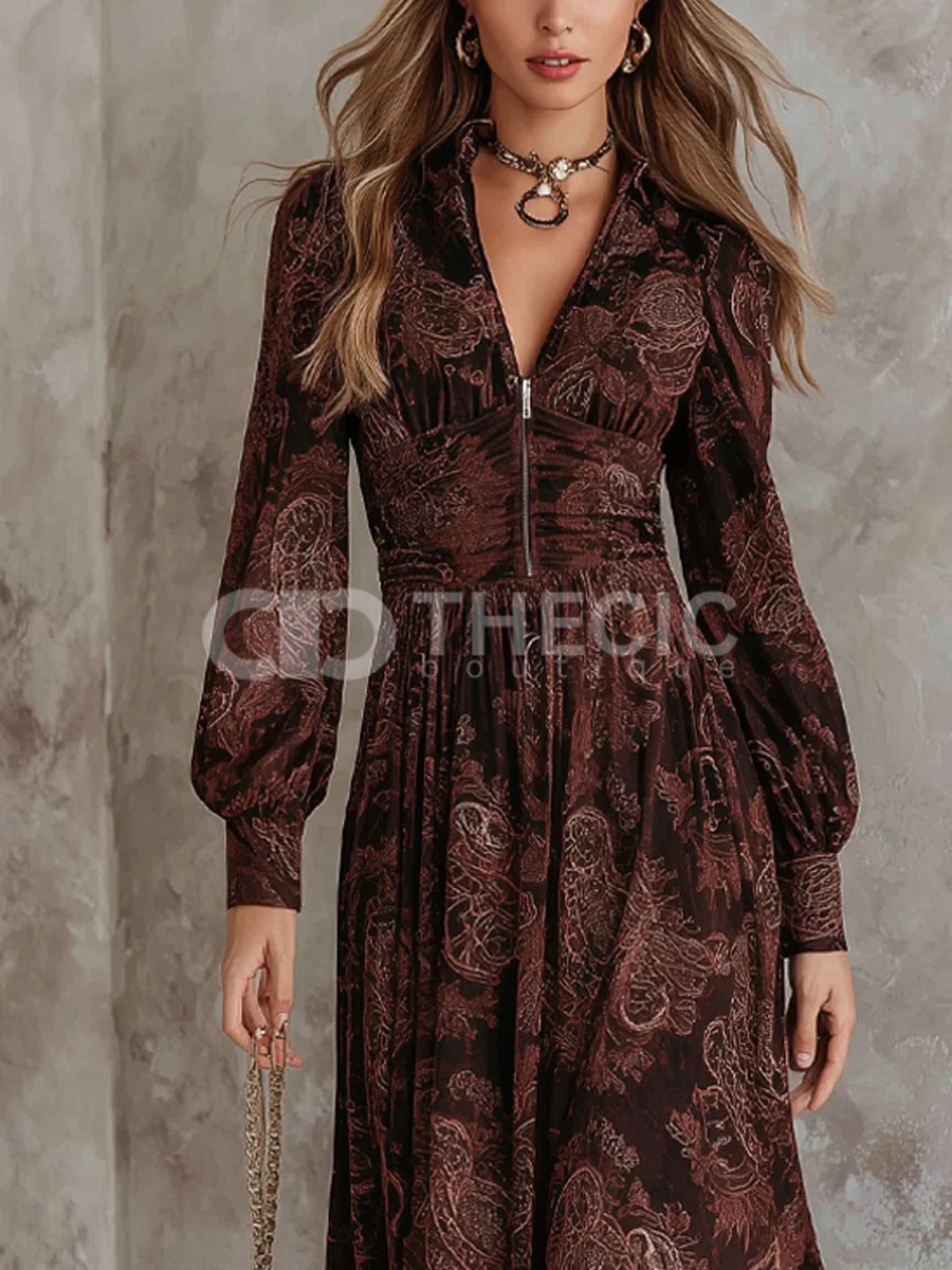 Paisley Print V-Neck Zipper Gathered Maxi Dress