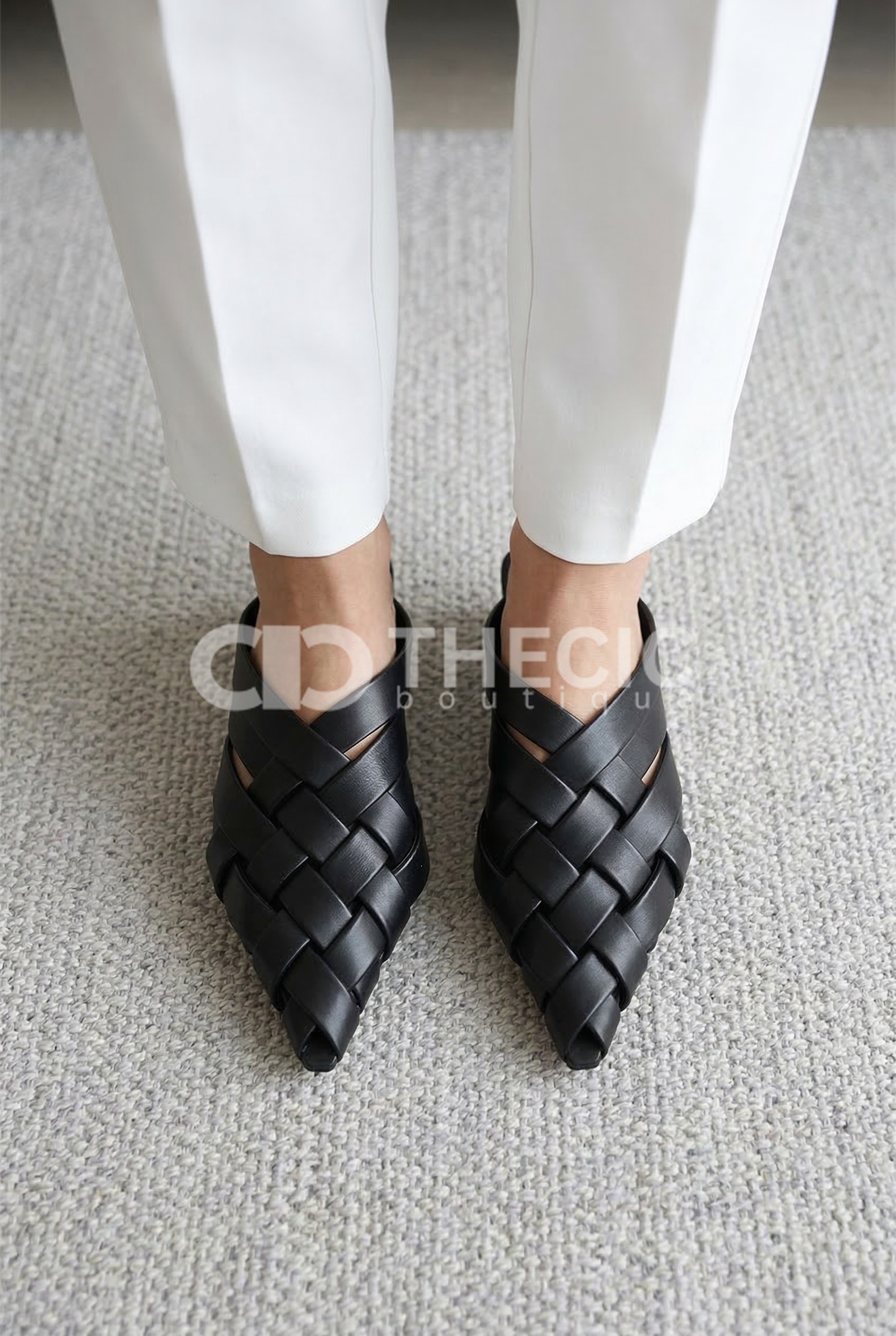 Woven Leather Pointed-Toe Slip-On Mules