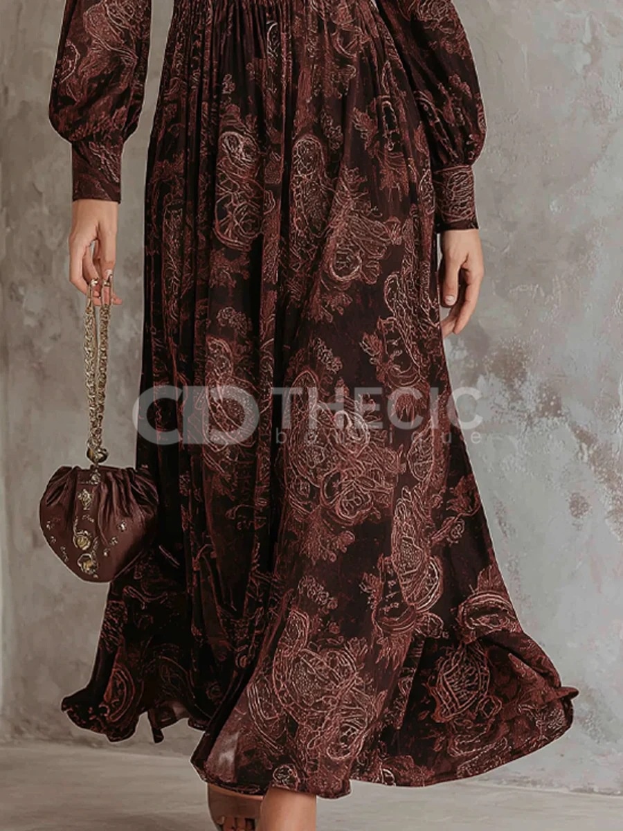 Paisley Print V-Neck Zipper Gathered Maxi Dress