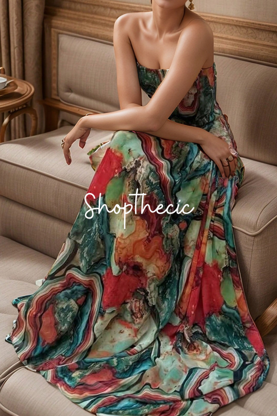 Artistic print strapless fitted maxi dress
