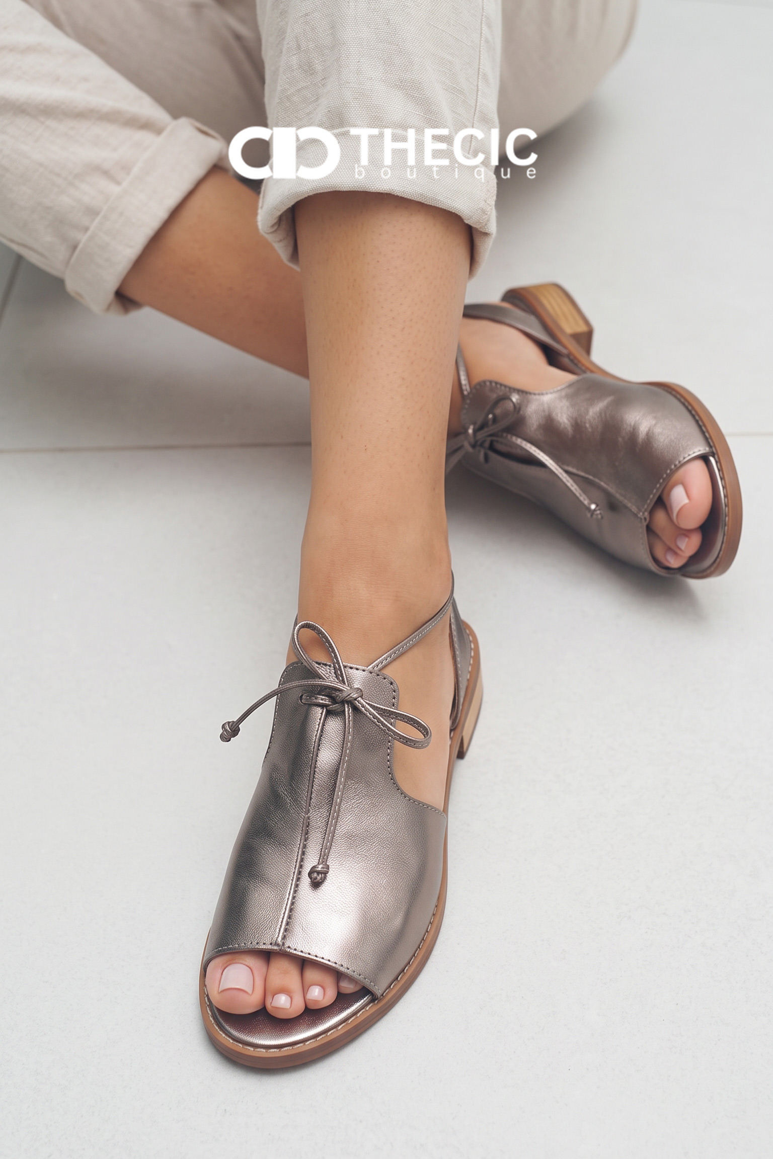 Metallic lace-up open-toe low-heeled sandals