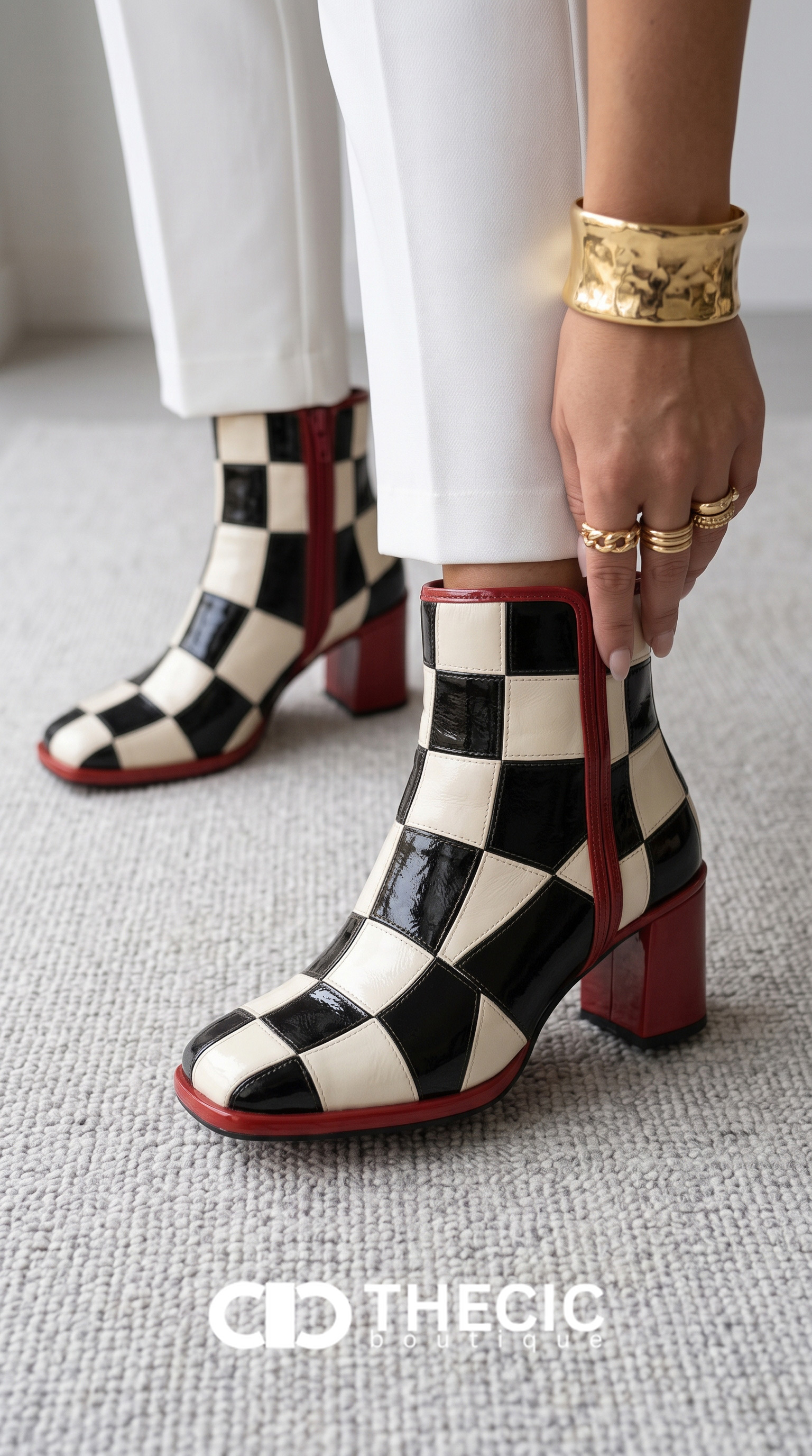 Checkerboard Square-Toe Block Heel Ankle Boots
