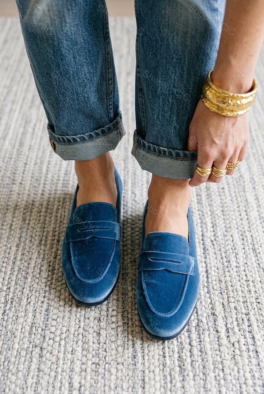 Retro blue suede flat loafers