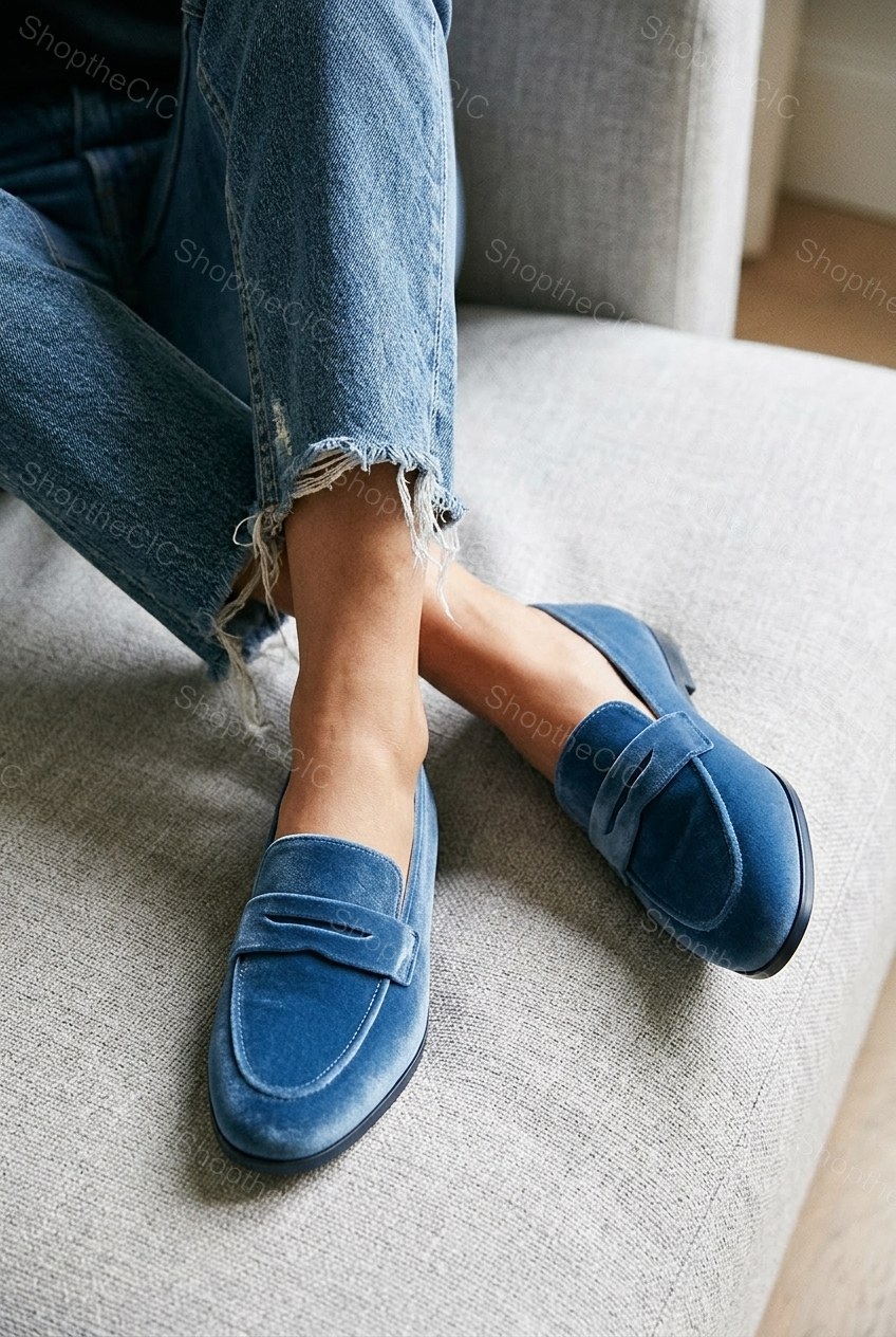 Retro blue suede flat loafers