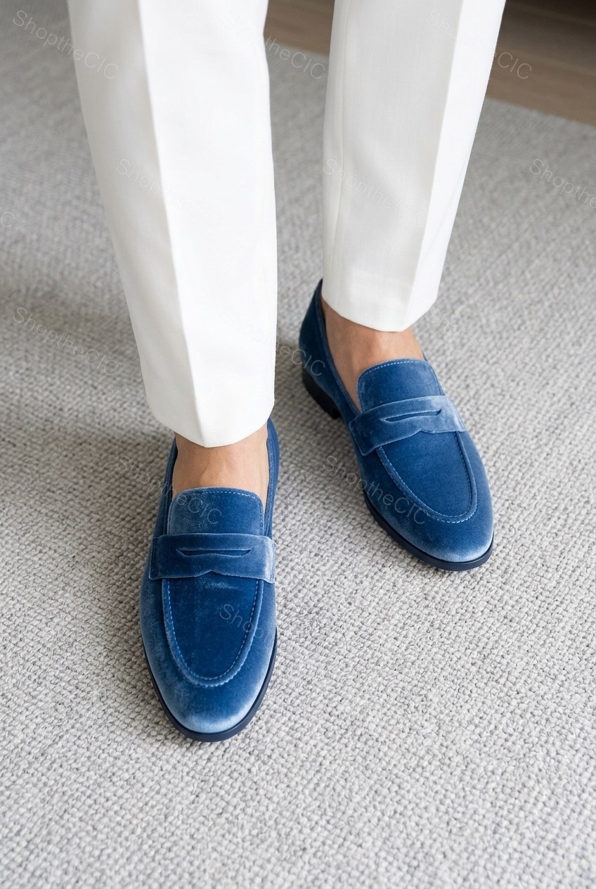 Retro blue suede flat loafers