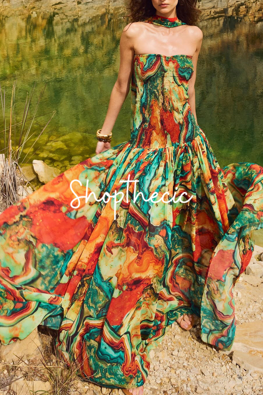 Artistic print strapless fitted maxi dress