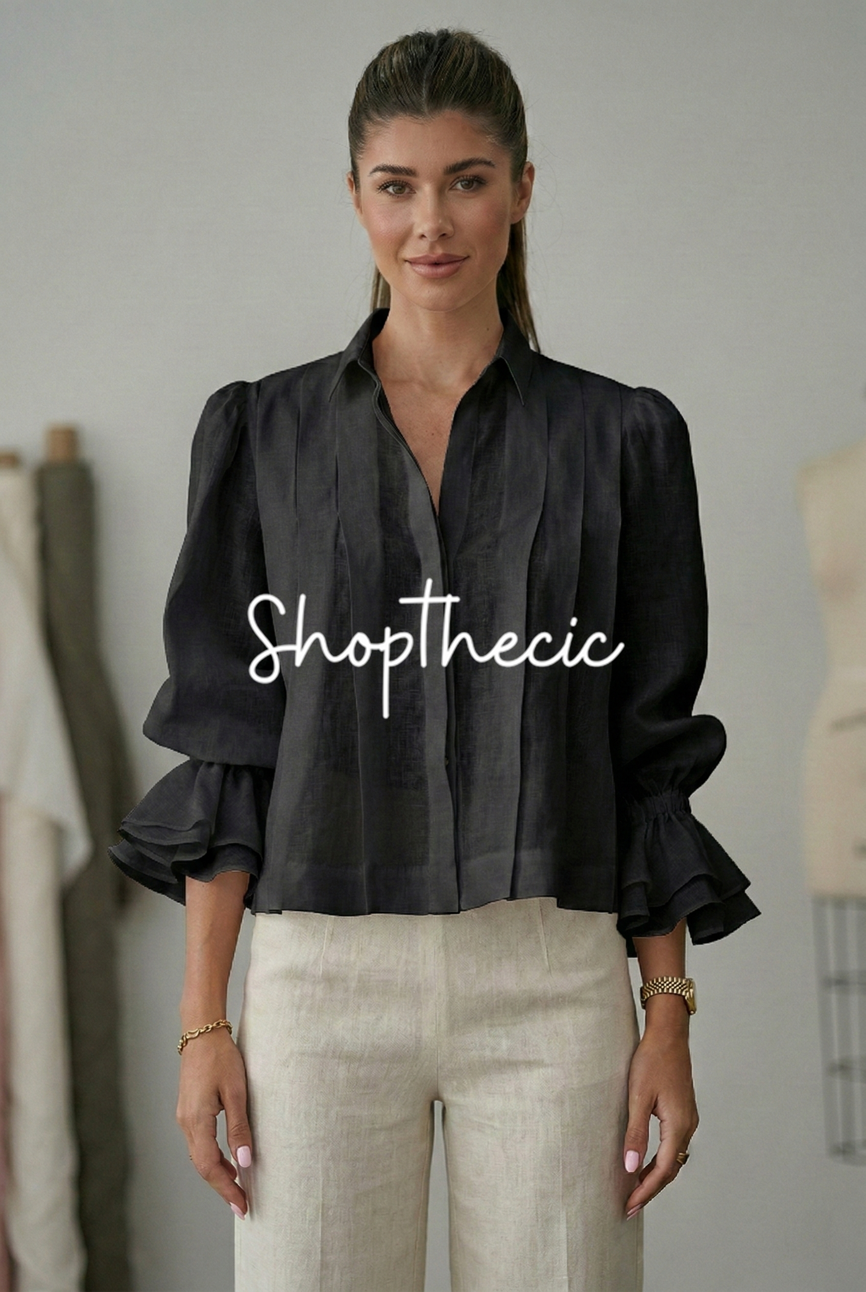 Graceful Ruffle Sleeve Shirt With Pleats