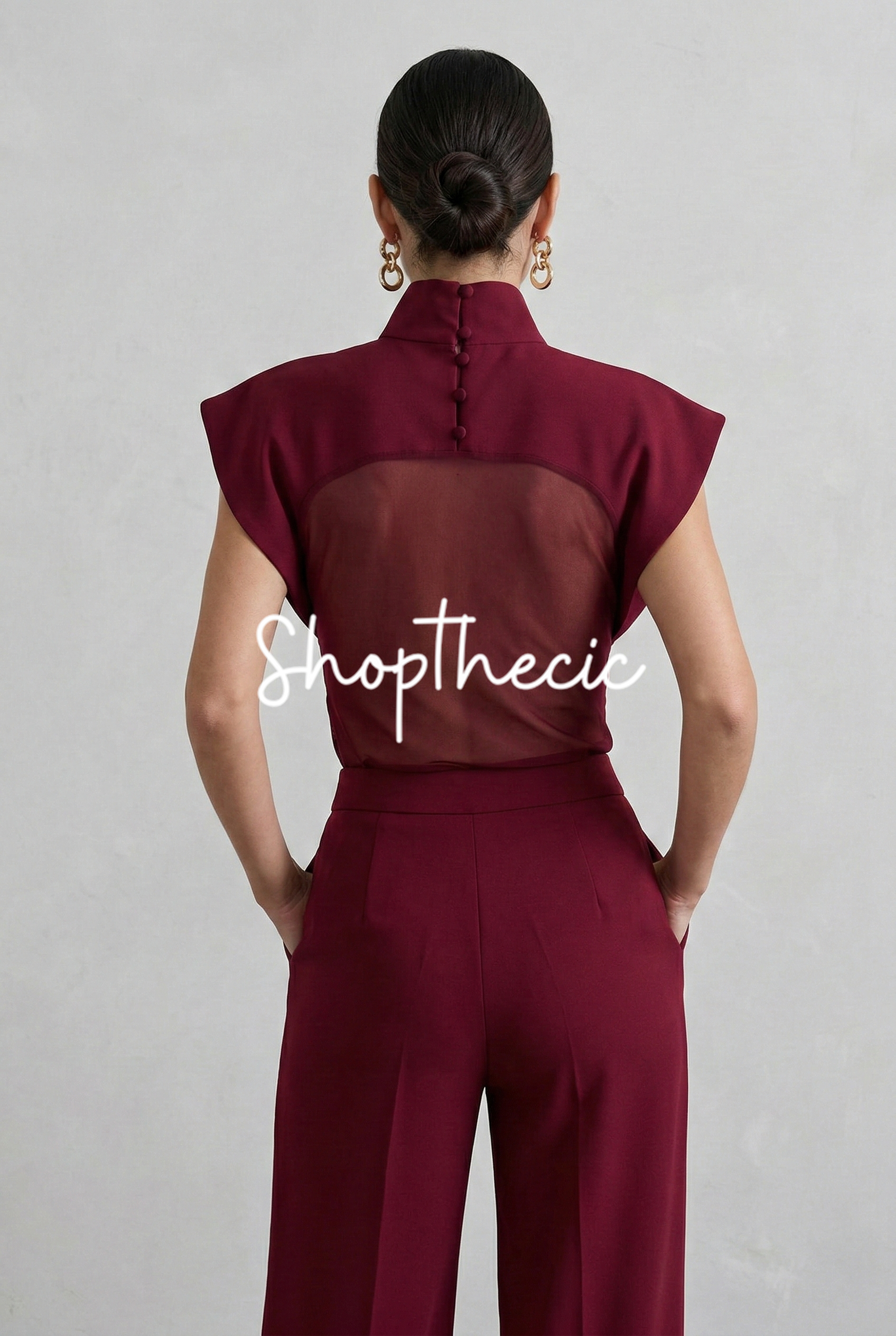High-neck mesh sleeveless top and wide-leg pants two-piece set