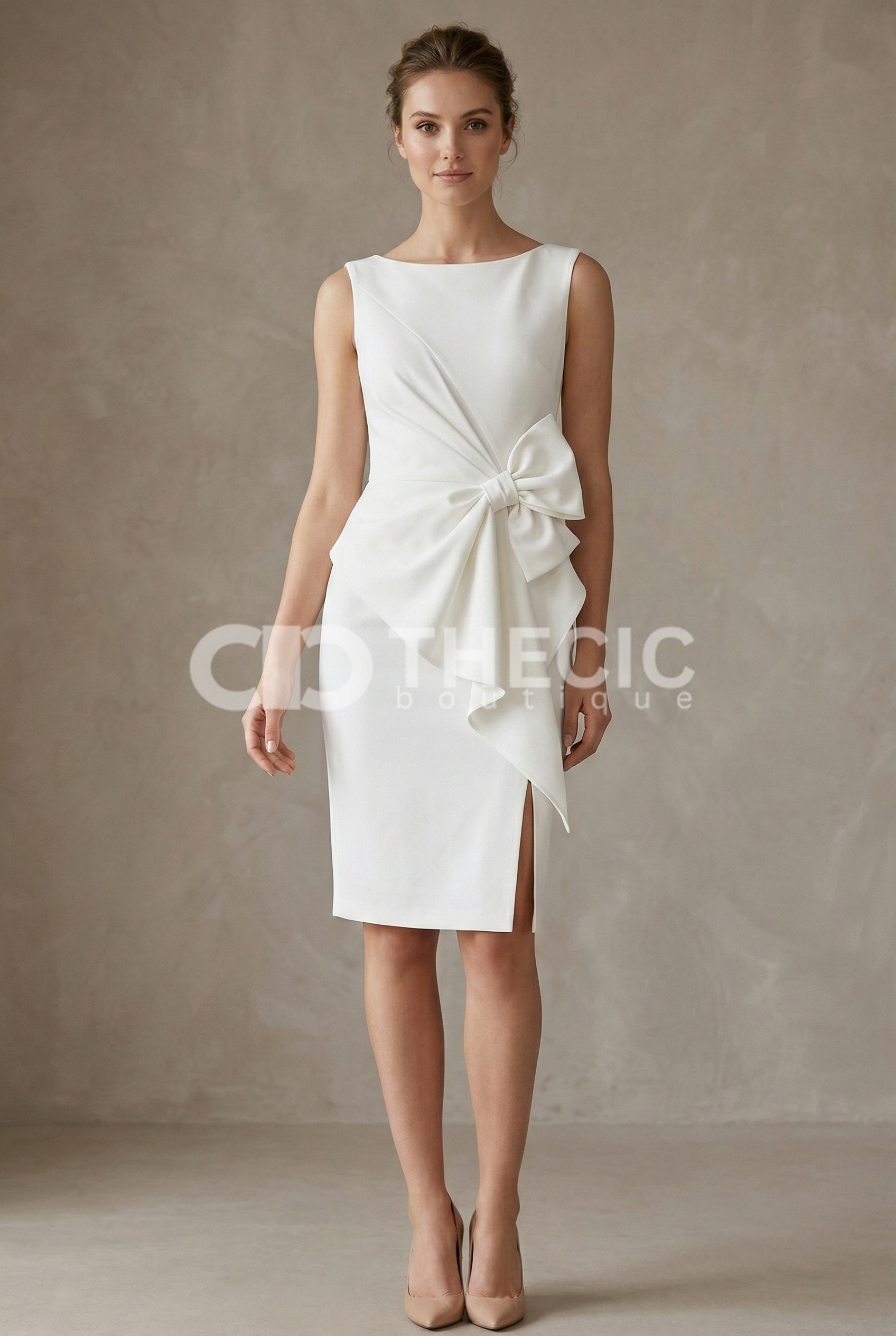 Chic white bow tie sleeveless midi dress