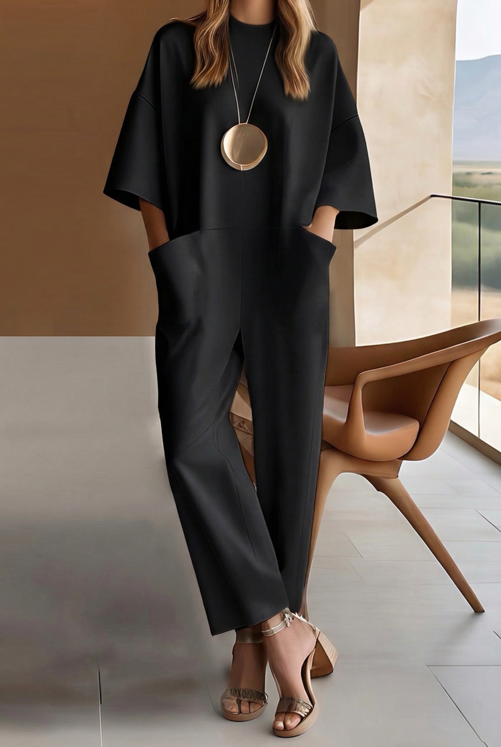 Solid color crew neck three-quarter sleeve pocket jumpsuit