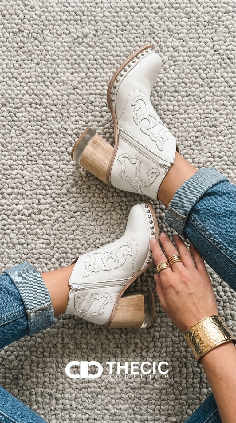 Embroidered Thick Heel Sewing Rivets Vintage Ankle Boots