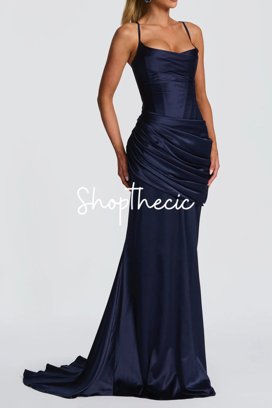 Navy spaghetti strap fitted satin dress