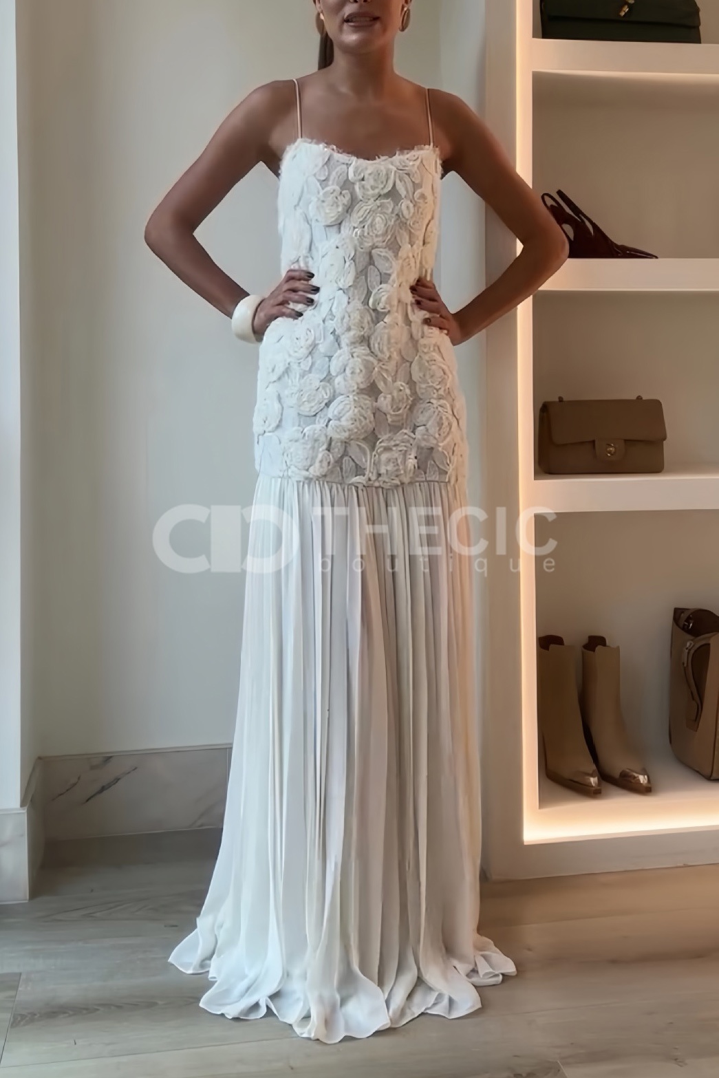 3D Floral Applique Pleated Maxi Dress
