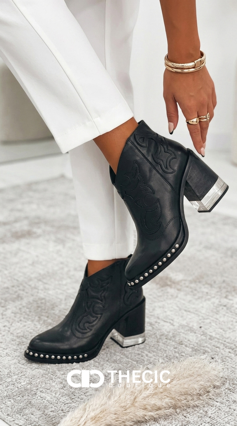 Embroidered Thick Heel Sewing Rivets Vintage Ankle Boots