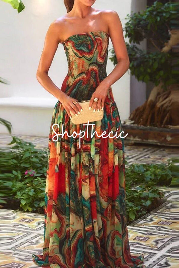 Artistic print strapless fitted maxi dress