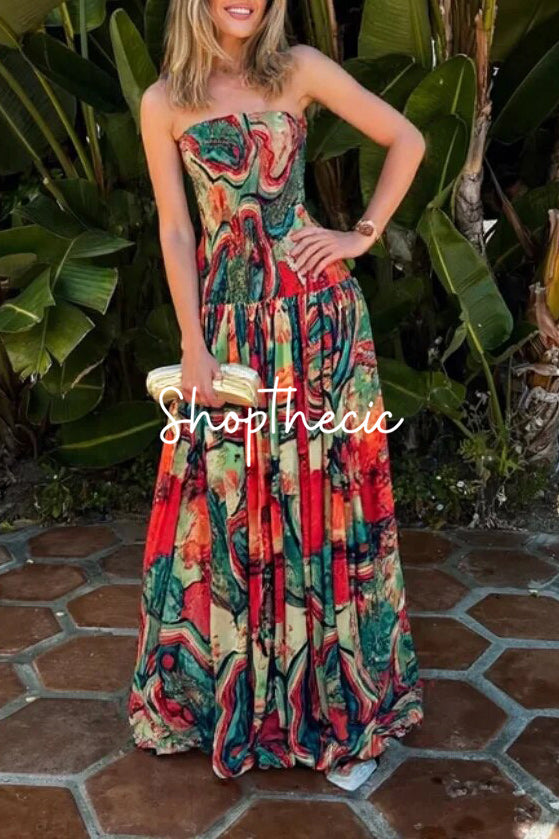 Artistic print strapless fitted maxi dress
