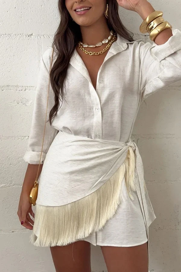 Solid Color Shirt and Tassel Tie-Up Skirt Set