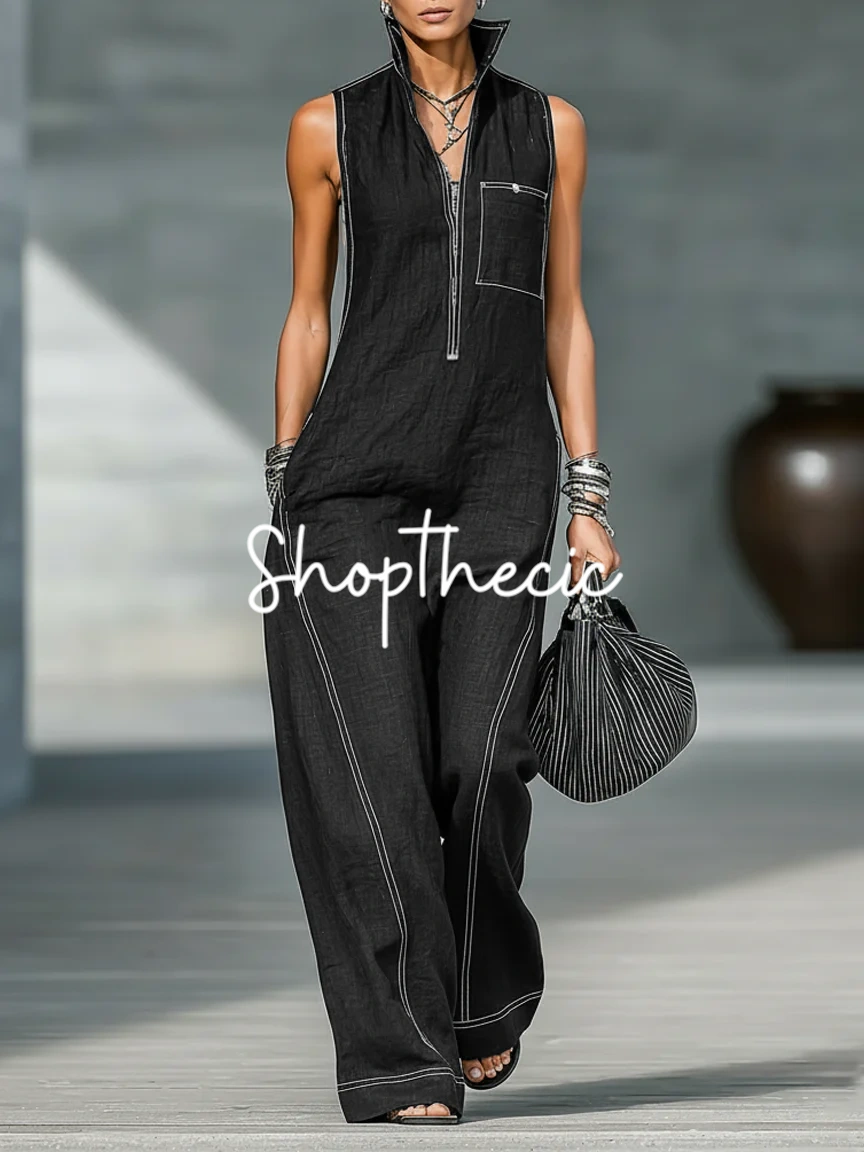 Minimalist Stand Collar Trim Sleeveless Jumpsuit