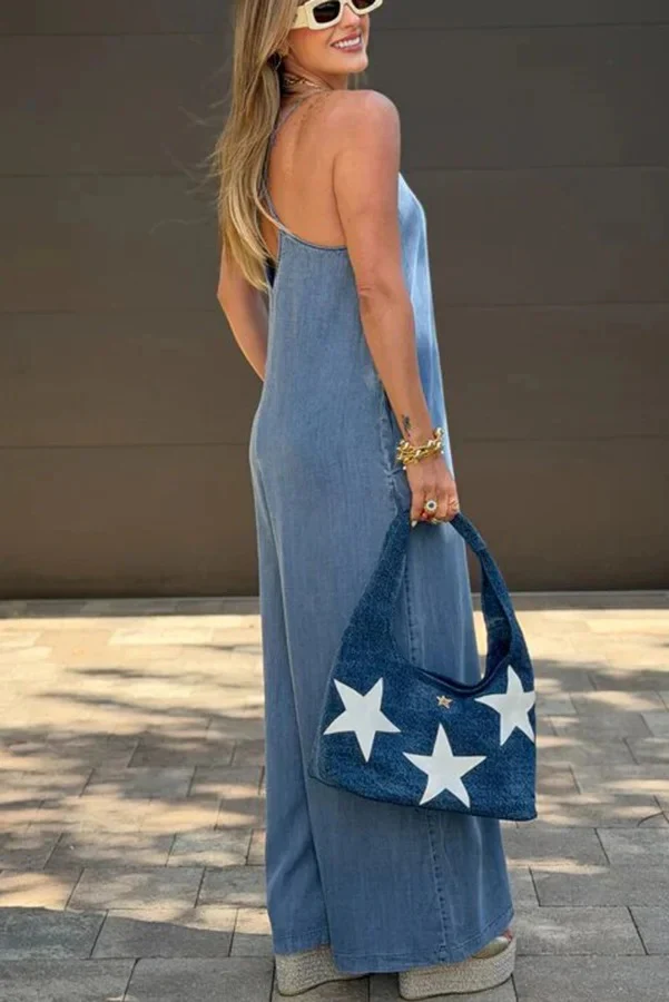 Back Cross Slip Pocket Wide Leg Denim Jumpsuit
